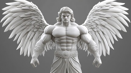 A majestic white statue of a muscular angel with large wings, symbolizing strength, protection, and divine presence.