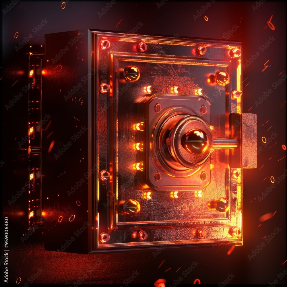 Poster a glowing safe with a digital lock and swirling binary code. the safe is secured, emphasizing data s