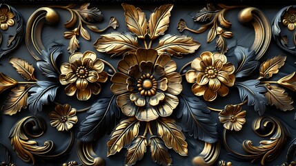 Intricate gold floral design embossed on a black background.