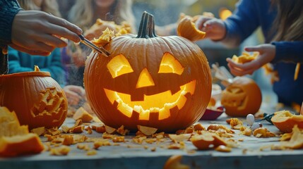 Pumpkin Carving Contest with Friends Laughing and Creating Unique Designs Under Dim Lights