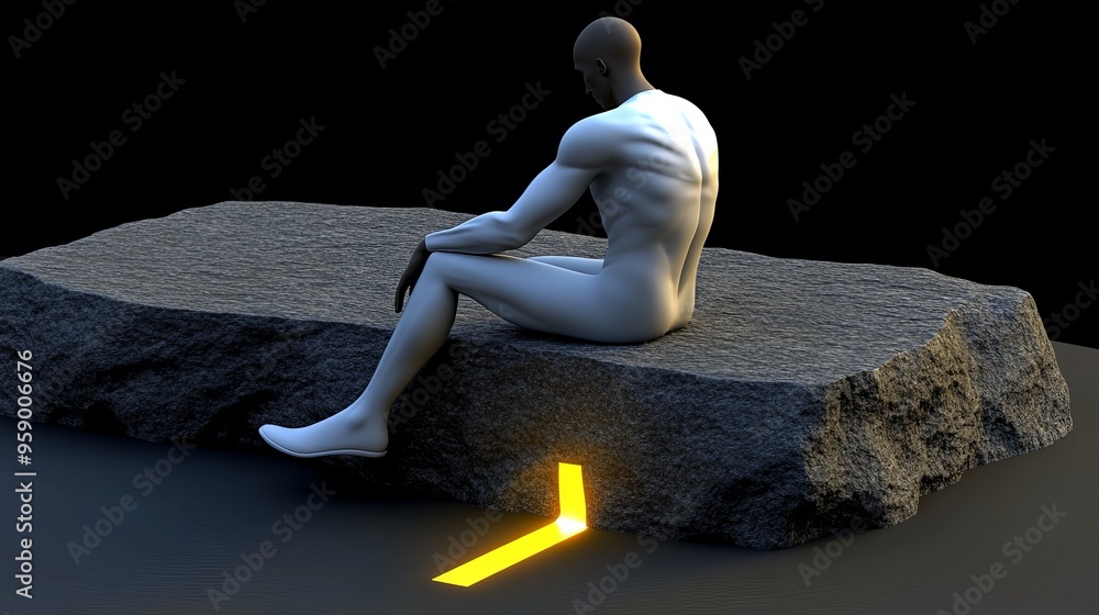 Poster a stylized figure sitting on a rocky surface, contemplating an illuminated path in a minimalist sett