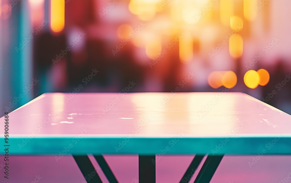 Poster minimalist pastel pink table with neon bokeh background in lively urban setting
