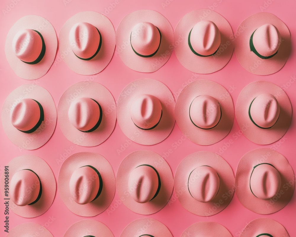 Aufkleber symmetrical aerial view of arranged neon pink hats creating geometric patterns with soft pastel ligh
