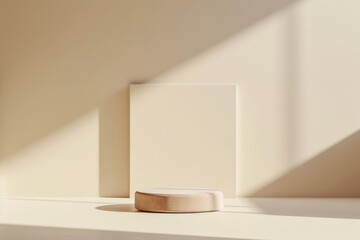 Minimalist Soft Beige Podium Against Textured White Background with Sleek Shadows in Bright Diffused Lighting