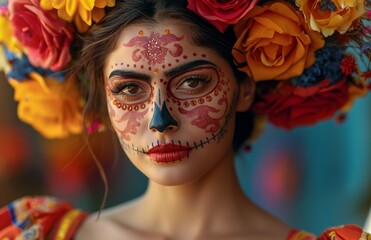 A young girl with detailed skeleton makeup for Mexico's Day of the Dead (El Dia de Muertos).