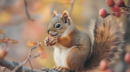 Obraz premium Cute squirrel eating nut on autumn branch with colorful background