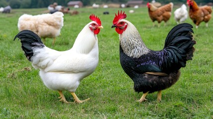 Fototapeta premium Two striking black and white silky leghorn hens stand on lush green grass with a rooster and other chickens exploring the background