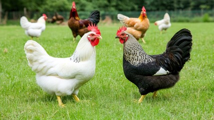 Fototapeta premium Two striking black and white silky leghorn hens stand on lush green grass with a rooster and other chickens exploring the background