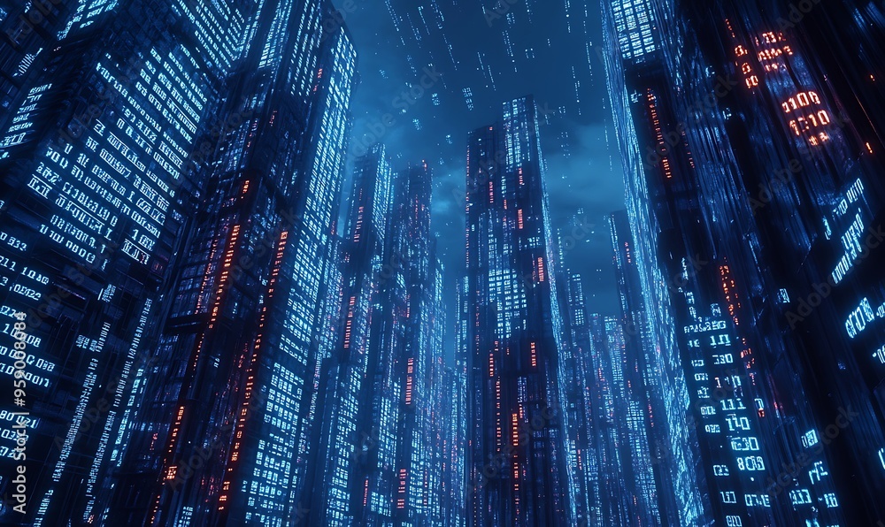 Poster a futuristic cityscape with illuminated towers displaying digital codes