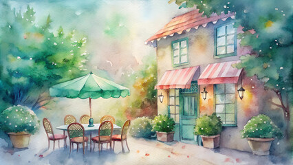 Obraz premium Charming outdoor cafe scene illustration in watercolor style with lush greenery 