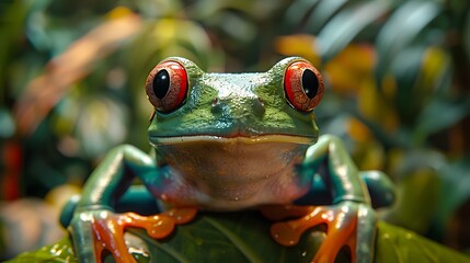 Fototapeta premium A vibrant red-eyed tree frog with striking orange feet sits on a green leaf with a lush background.