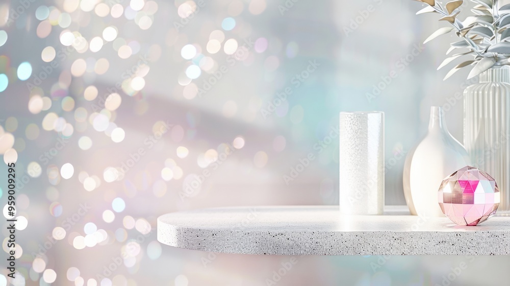 Poster minimalist white concrete table with holographic accessories and bokeh effect in modern indoor setti