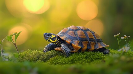 Obraz premium A close-up of a turtle on moss with a blurred natural background.
