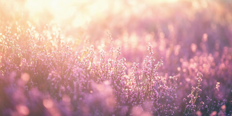 Fototapeta premium pink heather flowers, calluna bathed in warm sunlight