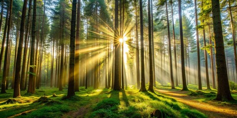 Naklejka premium Sunbeams Through the Forest Trees, Landscape, Nature Photography, Dawn, Forest, Sunlight