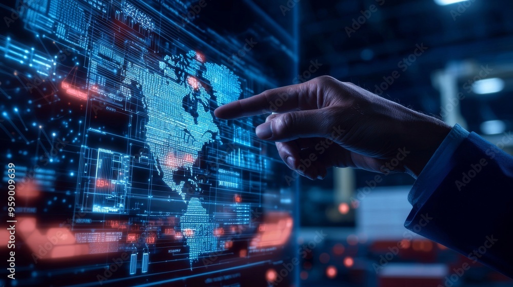 Poster a hand points at a digital world map on a screen, highlighting global connectivity and digital inter