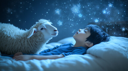 Child and lamb gazing at glowing stars in a magical dream setting