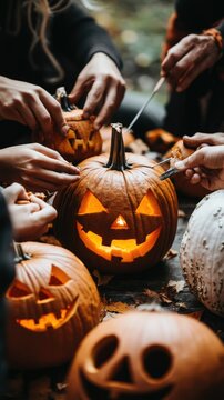 Pumpkin Carving Contest with Friends Laughing and Creating Unique Designs Under Dim Lights