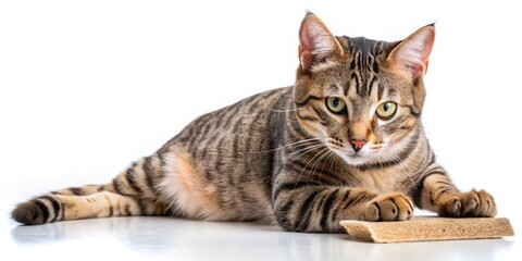 Tabby Cat Resting on a Scratching Post, White Background, Close-Up, Pet, Feline, Animal, Cat