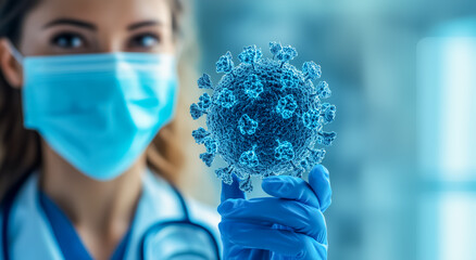 Doctor holding a large 3D model of a virus

