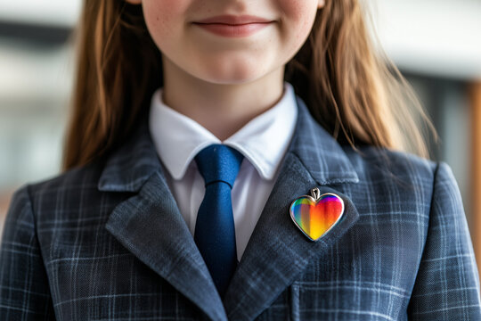 Student wearing a heart-shaped LGBTQ+ pride badge on their school uniform. The colorful rainbow symbol , representing support for diversity and inclusion within the school environment.
