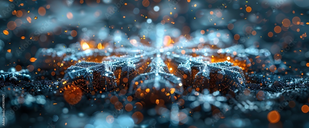 Poster a detailed snowflake with bokeh lights in the background.