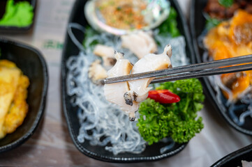 Korean seafood dishes. abalone sashimi