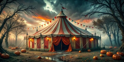 The Haunted Circus A digital painting depicting a vintage circus tent in a spooky forest setting with pumpkins and an ominous sky, digital art, fantasy, halloween, circus, spooky,