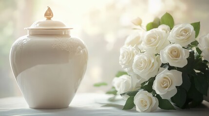 Elegant urn beside a bouquet of white roses in a soft, serene setting during the morning light