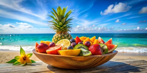 Tropical Fruit Salad on a Beach with a Wooden Bowl, Blue Sky, and White Clouds, Beachside, Summer, Vacation, Fruit Salad