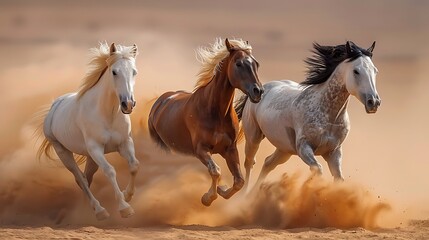 Three horses running through a desert, kicking up dust.