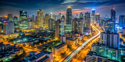 Fototapeta premium Urban Lightscape A Nighttime Symphony of Skyscrapers and Traffic, cityscape, night photography, urban life