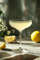 Classic French Martini in Coupe Glass with Pale Yellow Hue, Sliced Lemons Around
