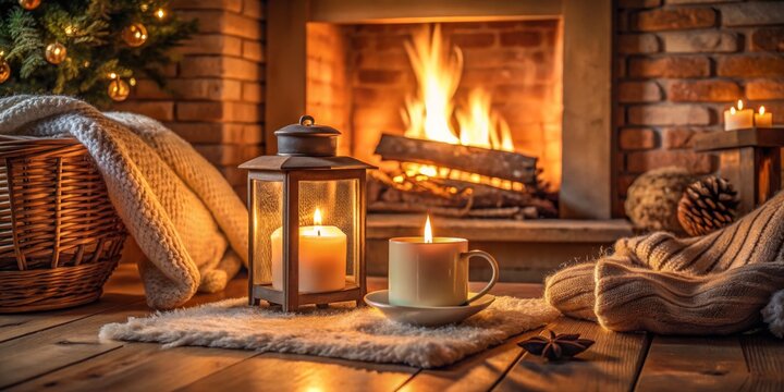 Warmth and Glow of a Cozy Fireplace, Lantern, and Candlelight, Cozy, Winter, Fireplace