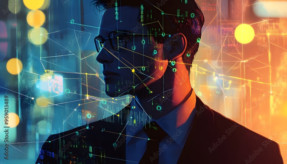 Poster a man's profile with lines and data overlaid on it
