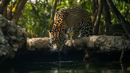 Obraz premium Jaguar Drinking Water in Cenote in Jungle