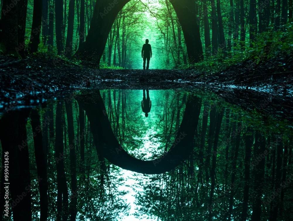 Poster a lone figure stands in a misty forest, their reflection shimmering in a pool of water. the trees cr