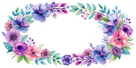 Watercolor Floral Wreath with Purple, Pink and Blue Flowers, Floral Frame, Watercolor Illustration, Floral Design, Wedding, Invitation