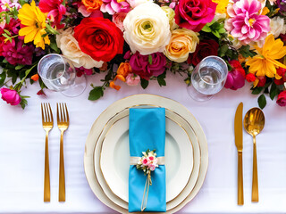 colorful party place setting with colorful flowers