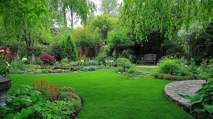 Naklejka premium A lush garden with vibrant flowers, greenery, and a serene seating area.