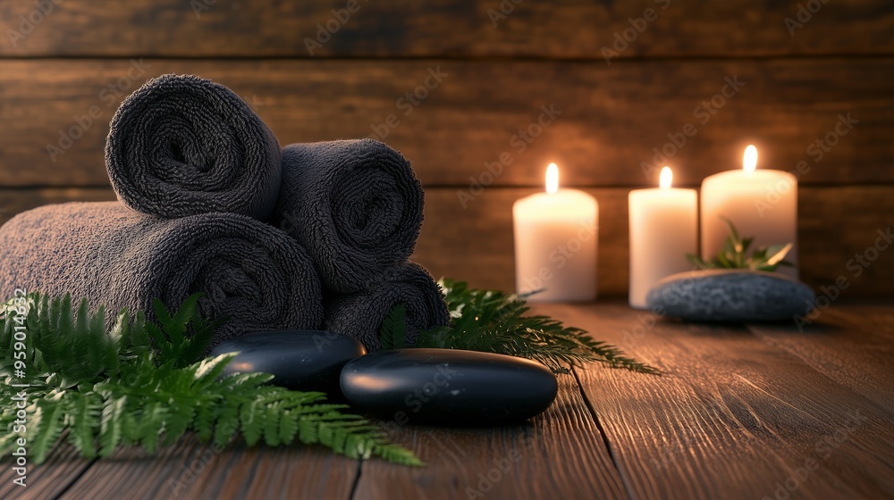 Poster relaxing spa setup with rolled towels and candles placed on wooden surface surrounded by stones and 