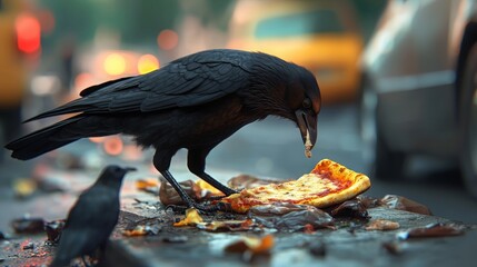 Fototapeta premium Crow Adapts to Urban Environment by Feeding on Expired Pizza from Torn Trash Bag on Busy Street