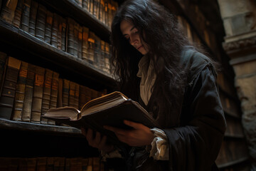 A vampire engrossed in ancient tomes on magic in a dimly lit, dusty library at midnight