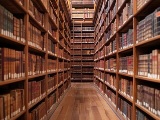 A long aisle in a library filled with bookshelves and ancient books.  The wooden shelves and floor create a warm and inviting atmosphere.