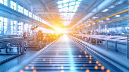 Fototapeta premium A long, empty production line in a modern factory with sunlight streaming through the windows.