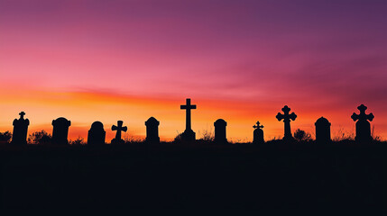 Fototapeta premium Silhouette of gravestones and crosses in a grassy cemetery at sunset, with a haunting orange sky. Eerie, atmospheric, and evocative of Halloween