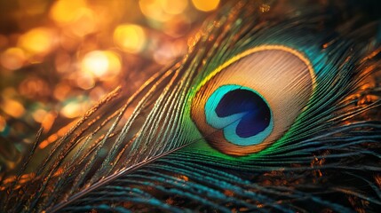 A close-up of a peacock feather, also known as a peafowl feather or bird feather.