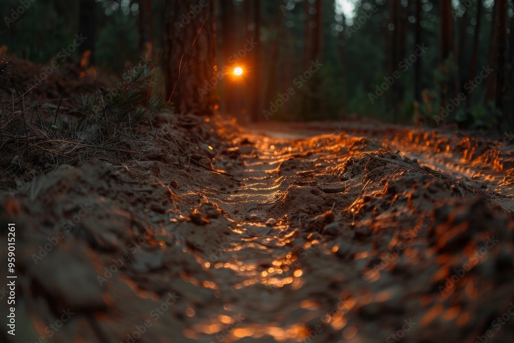 Poster a low angle view of a forest path with sunlight shining through the trees. the path is covered in le