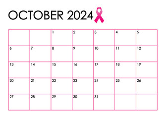 October month 2024 calendar. Simple design in pink and black colors and a pink ribbon symbol for Breast Cancer awareness month 