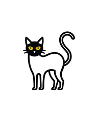 Editable stroke vector illustration of a black cat with arched back and yellow eyes.